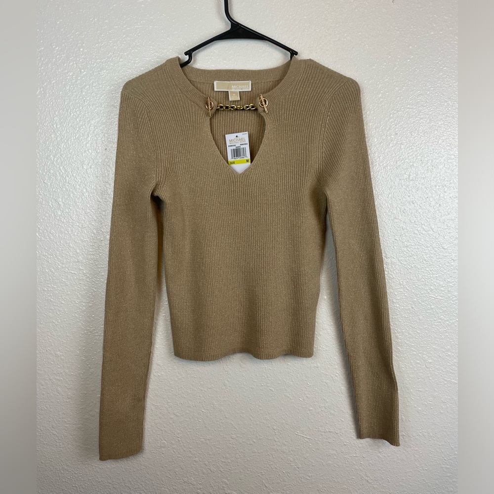 Michael Kors Khaki Gold Open Peep Front Top Basics New Medium Long sleeves